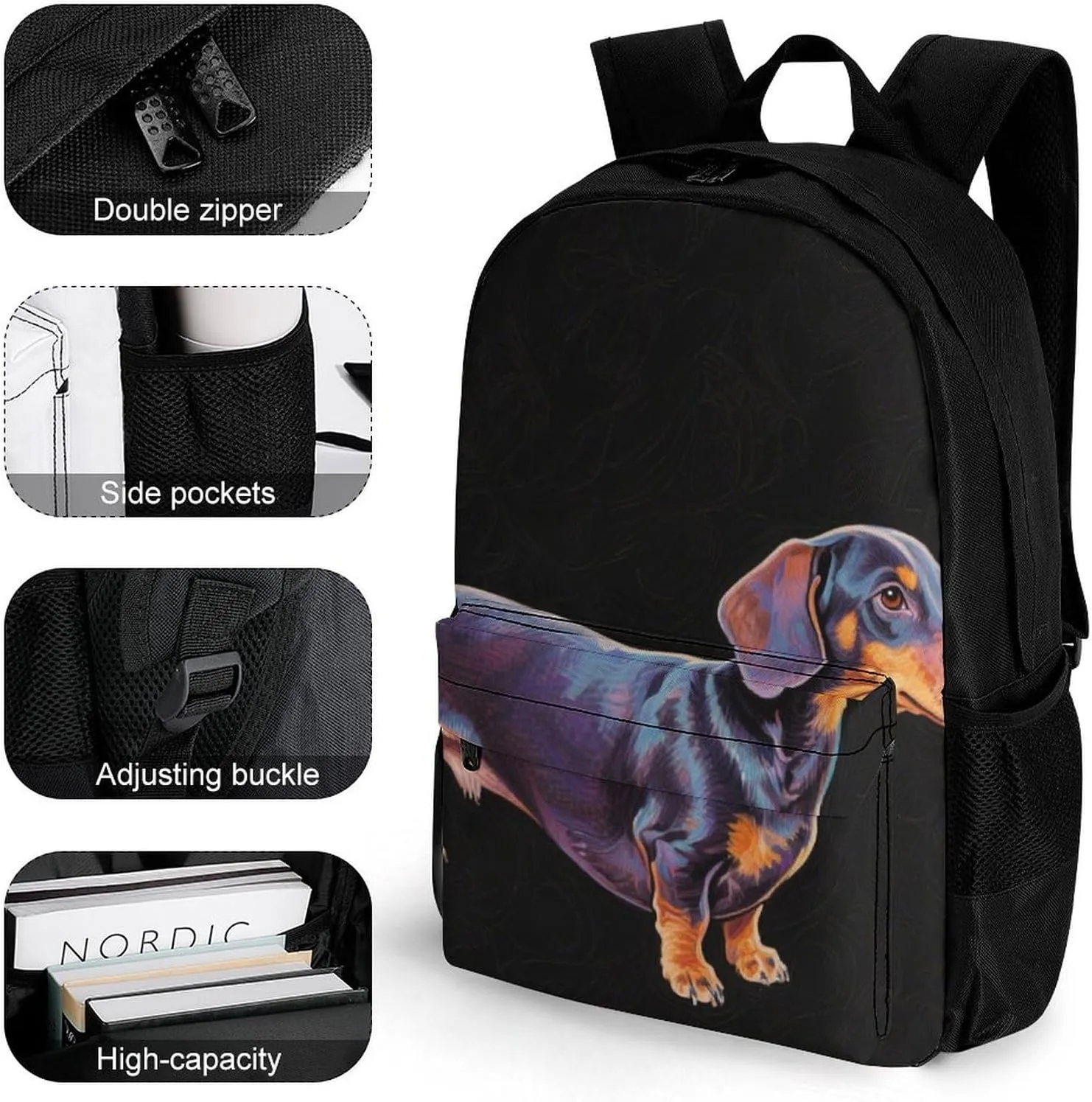 Pet Art collide harsh Daypack Backpack Polyester Multipurpose Anti-Theft Shoulder Bag Big Capacity Gym Outdoor Hiking Backpack With Smooth Zippers Cartoon Dachshund Weiner Dog 