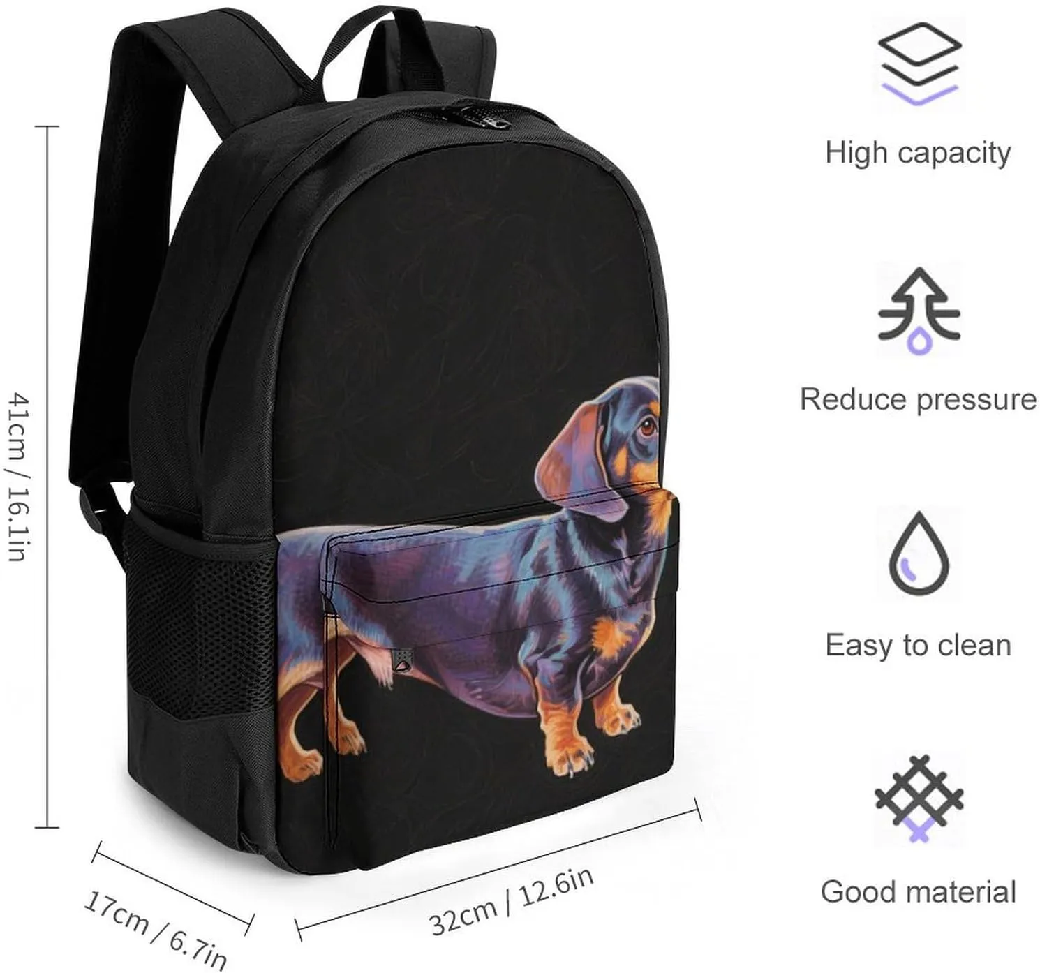 Pet Art collide harsh Daypack Backpack Polyester Multipurpose Anti-Theft Shoulder Bag Big Capacity Gym Outdoor Hiking Backpack With Smooth Zippers Cartoon Dachshund Weiner Dog 