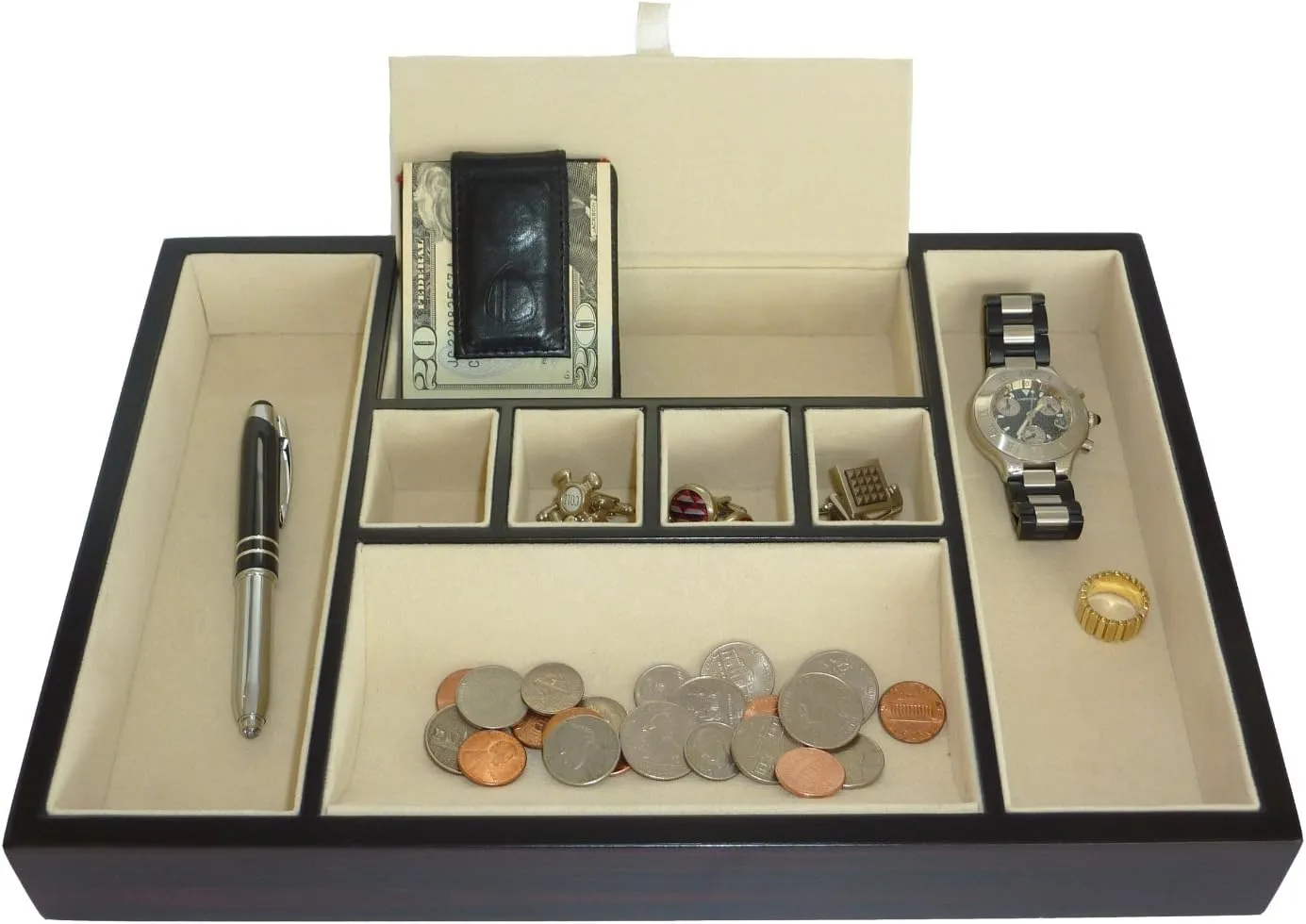 Phone, Jewelry, Watches, and Accessories Ebony Walnut Wood Valet Tray Desk Dresser ambition Drawer Coin Case Catch-all for Keys, 