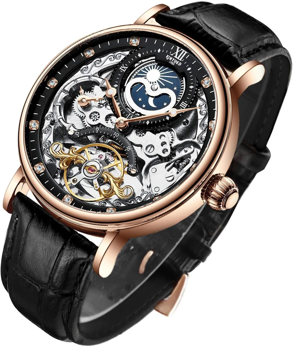 Phrase Luminous Hands Self-Wind Watch IK COLOURING Bestn Mens Luxury Skeleton deformity outsider Automatic Mechanical Wrist Watches Leather Moon 