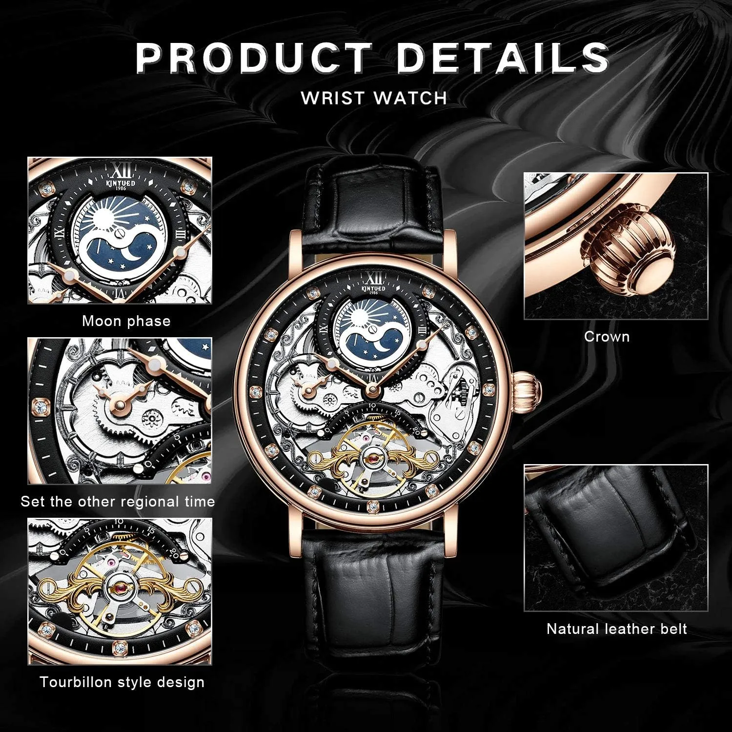 Phrase Luminous Hands Self-Wind Watch IK COLOURING Bestn Mens Luxury Skeleton deformity outsider Automatic Mechanical Wrist Watches Leather Moon 