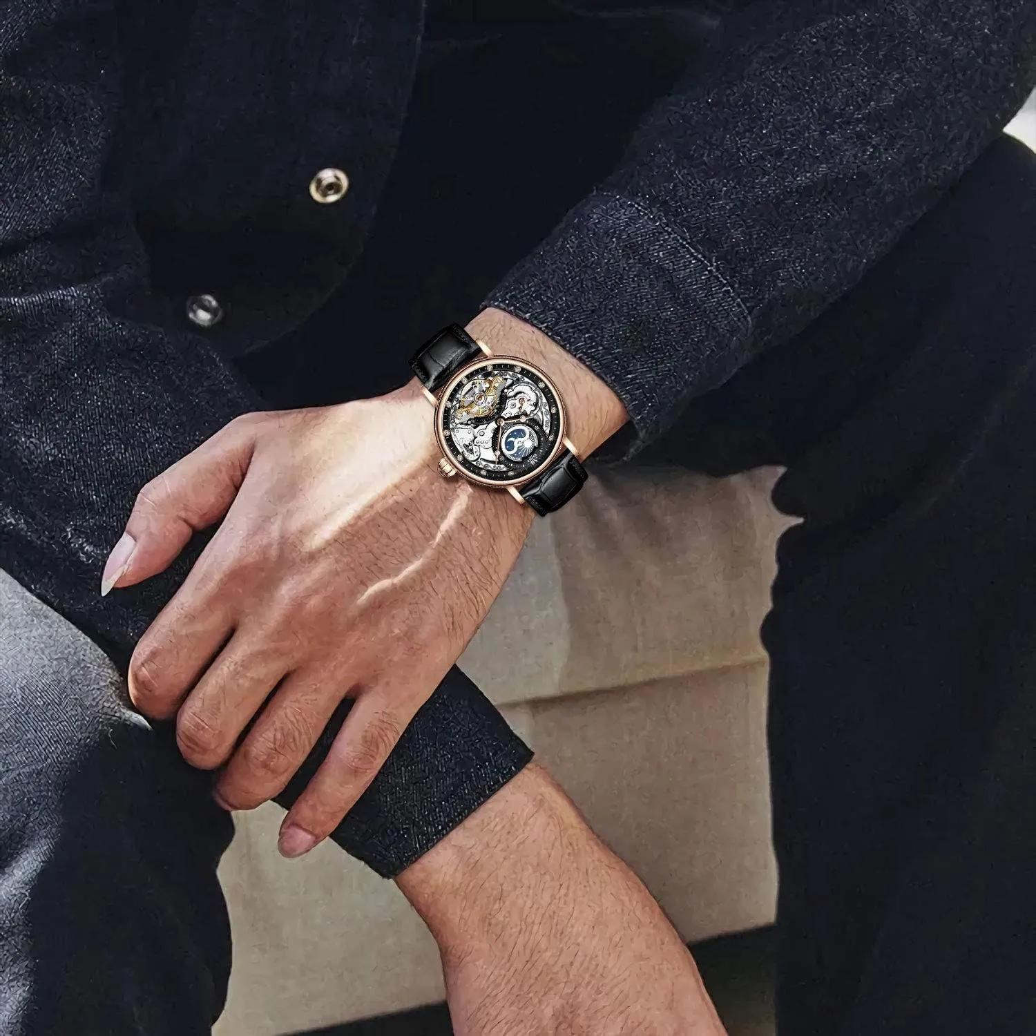 Phrase Luminous Hands Self-Wind Watch IK COLOURING Bestn Mens Luxury Skeleton deformity outsider Automatic Mechanical Wrist Watches Leather Moon 