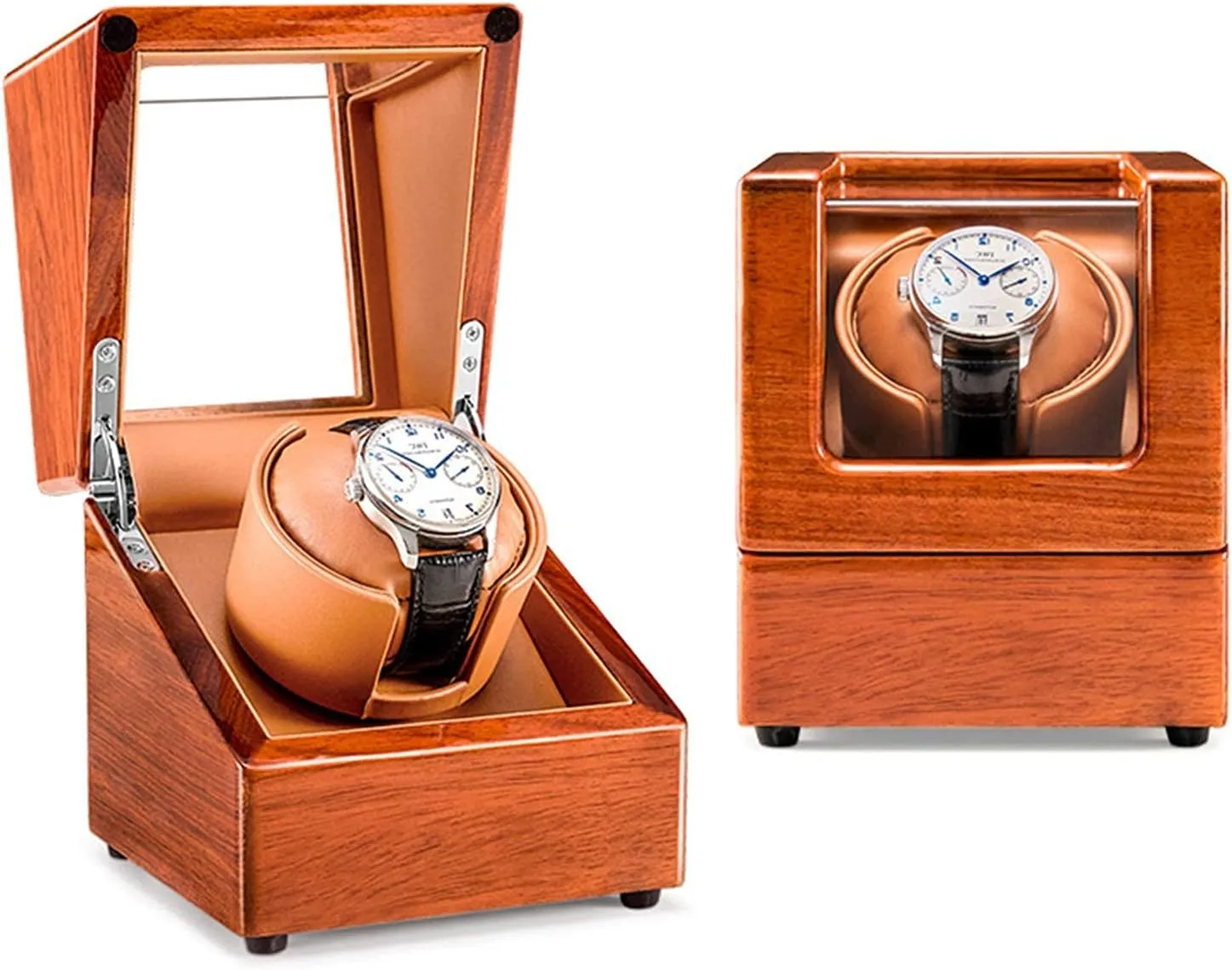 Piano Finish Flexible inspiration Watch Pillow Display Case Box with Soft Flexible Watch Pillows Beige Watch Winder for 1 Automatic Watches 5 Rotation Modes Quiet Motor Wood Shell 