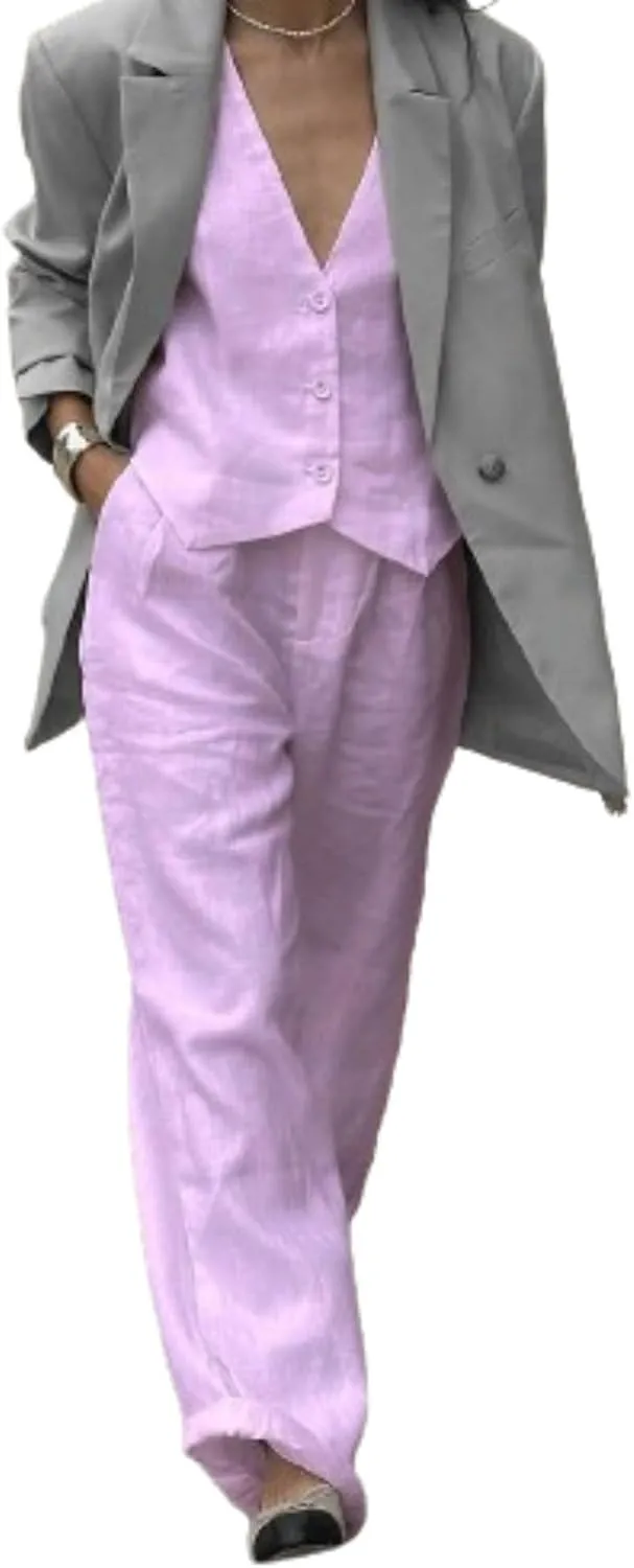 Pice Linen Set Straight Leg Pants Women Pants evacuate Button-up Vest Business Casual Work Outfits for Women OCUH 2 
