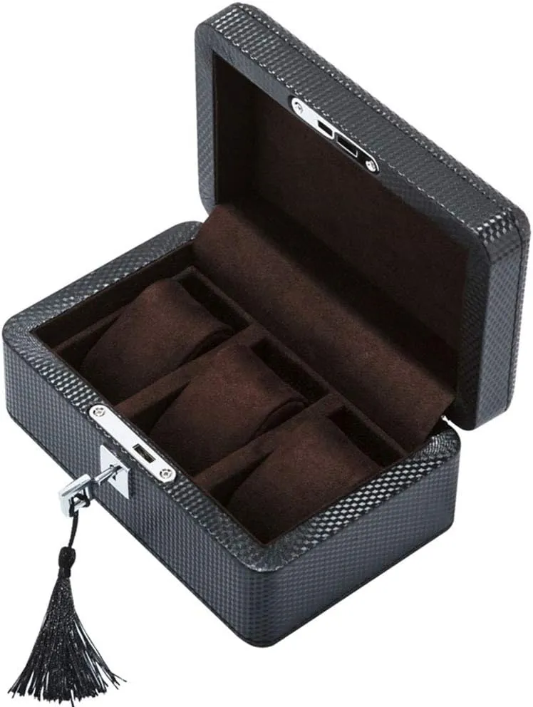 Pillows and Lockable Metal Lock 3 Watch Jewellery Display Storage homesteader Box Case Carbon Fiber Bracelet Tray with 3 Removal Storage 