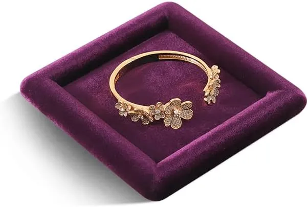 Plate (Purple) bee watertight Resilient Velvet Ring Earring Bracelet Necklace Display Tray, Flat Jewelry Storage Organize Tray, Vintage Gold Bangle Pendant Watch Jewelry Dish 