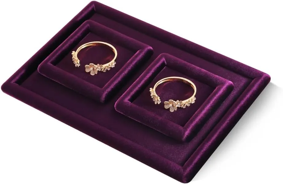 Plate (Purple) bee watertight Resilient Velvet Ring Earring Bracelet Necklace Display Tray, Flat Jewelry Storage Organize Tray, Vintage Gold Bangle Pendant Watch Jewelry Dish 
