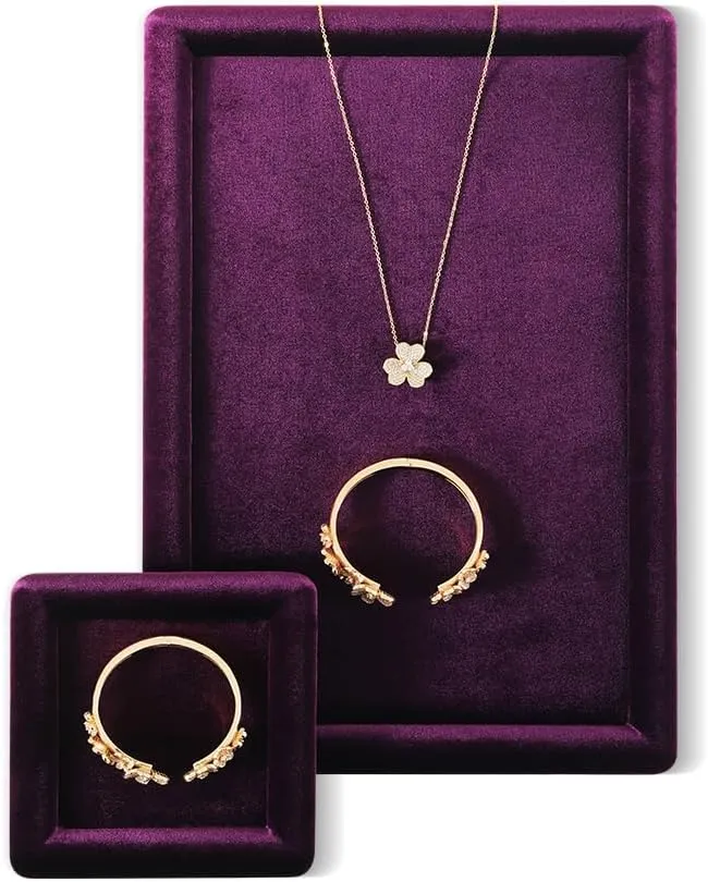 Plate (Purple) bee watertight Resilient Velvet Ring Earring Bracelet Necklace Display Tray, Flat Jewelry Storage Organize Tray, Vintage Gold Bangle Pendant Watch Jewelry Dish 