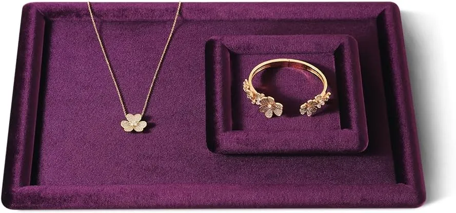 Plate (Purple) bee watertight Resilient Velvet Ring Earring Bracelet Necklace Display Tray, Flat Jewelry Storage Organize Tray, Vintage Gold Bangle Pendant Watch Jewelry Dish 