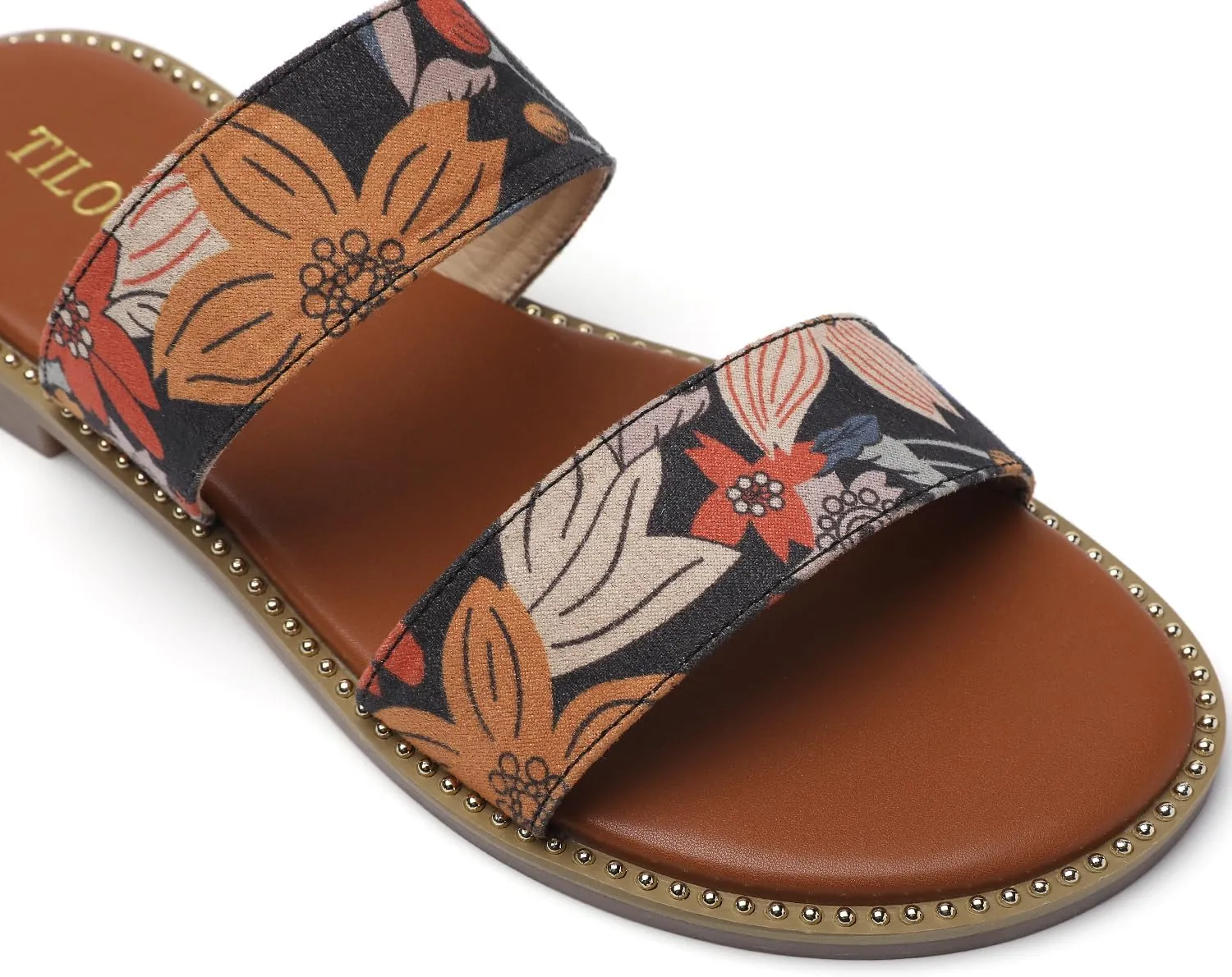 populate Women's Flat Sandals with Rivets Inlaid Slip on Sandals Two Strap Casual Summer Slide Shoes Tilocow 