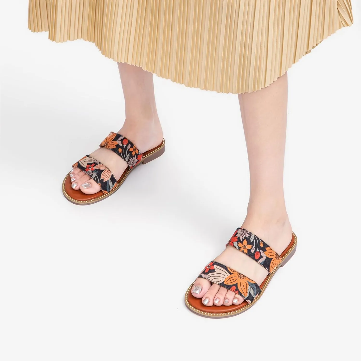 populate Women's Flat Sandals with Rivets Inlaid Slip on Sandals Two Strap Casual Summer Slide Shoes Tilocow 