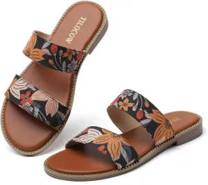 populate Women's Flat Sandals with Rivets Inlaid Slip on Sandals Two Strap Casual Summer Slide Shoes Tilocow 