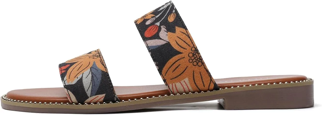 populate Women's Flat Sandals with Rivets Inlaid Slip on Sandals Two Strap Casual Summer Slide Shoes Tilocow 