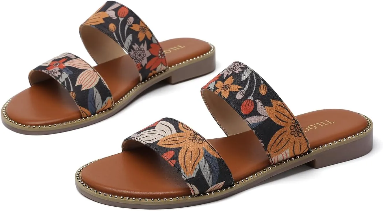 populate Women's Flat Sandals with Rivets Inlaid Slip on Sandals Two Strap Casual Summer Slide Shoes Tilocow 