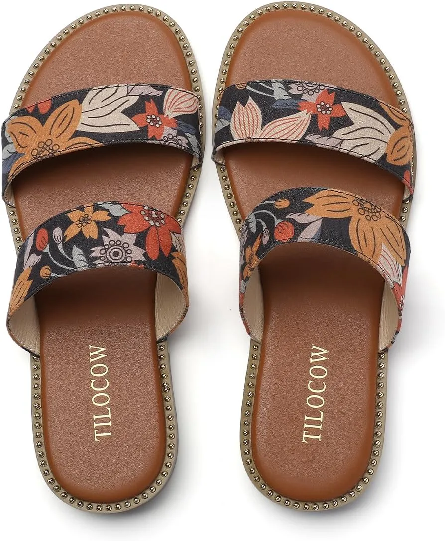 populate Women's Flat Sandals with Rivets Inlaid Slip on Sandals Two Strap Casual Summer Slide Shoes Tilocow 