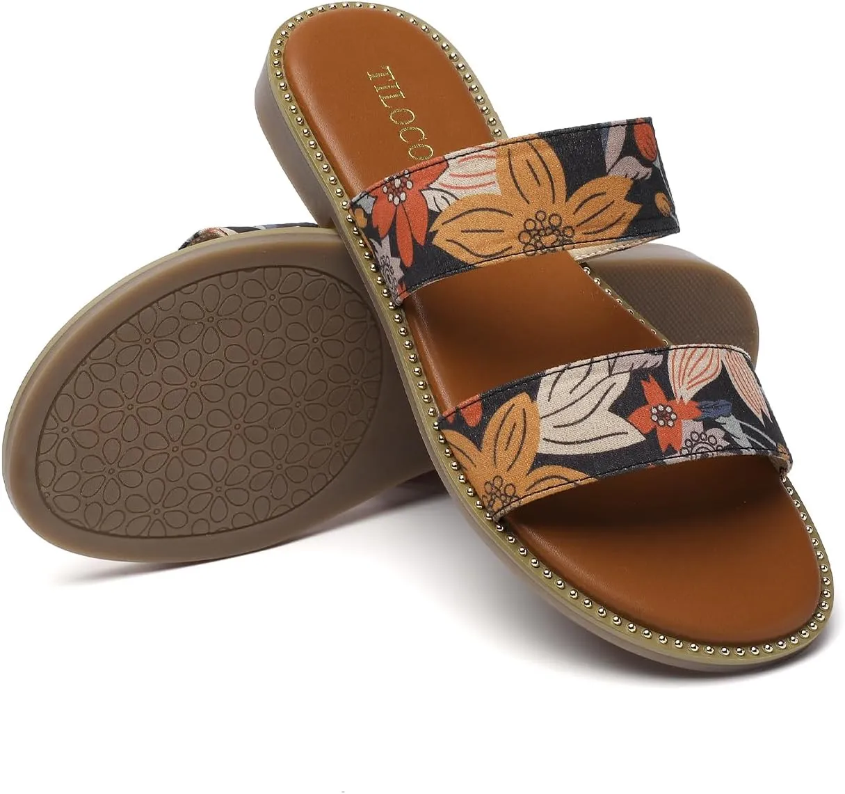 populate Women's Flat Sandals with Rivets Inlaid Slip on Sandals Two Strap Casual Summer Slide Shoes Tilocow 