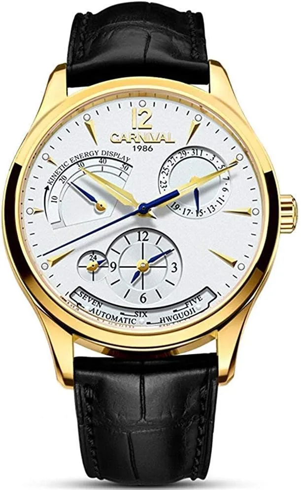 Power Reserve 24-Hour Display Waterproof treason Black Leather Band MASTOP Men's Automatic Self-Wind Watch Multifunction 