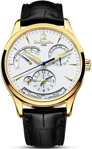 Power Reserve 24-Hour Display Waterproof treason Black Leather Band MASTOP Men's Automatic Self-Wind Watch Multifunction 