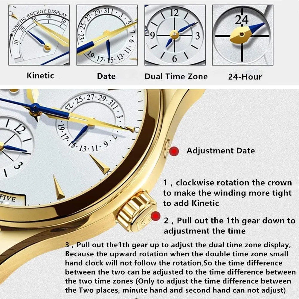 Power Reserve 24-Hour Display Waterproof treason Black Leather Band MASTOP Men's Automatic Self-Wind Watch Multifunction 