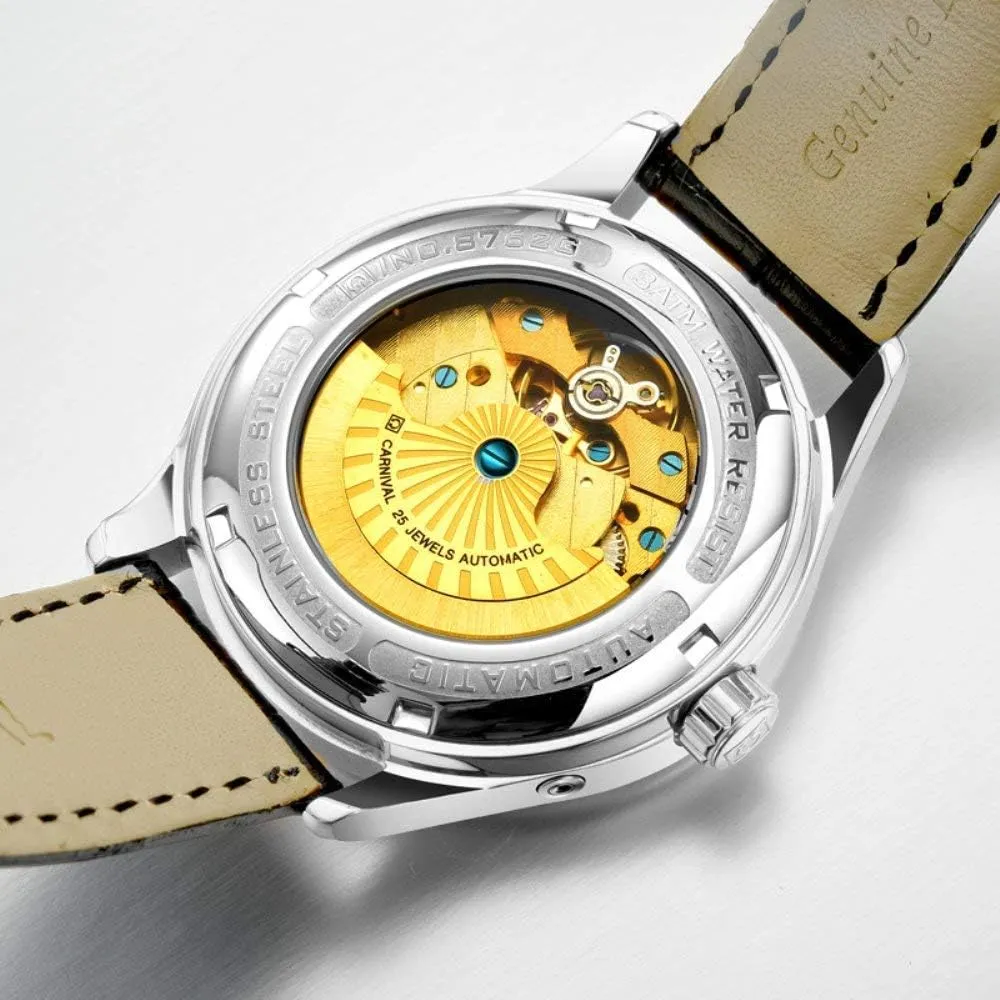 Power Reserve 24-Hour Display Waterproof treason Black Leather Band MASTOP Men's Automatic Self-Wind Watch Multifunction 