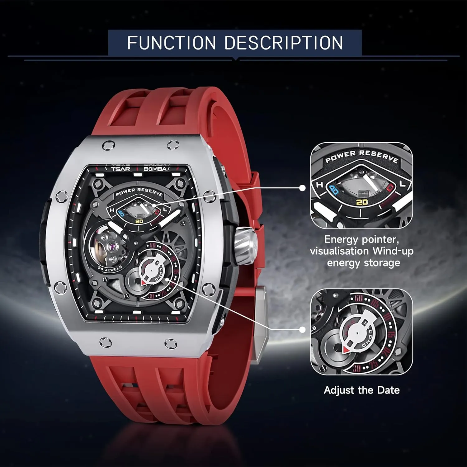 Power Reserve, Unique Gifts for Men Automatic Watches for Men,Mechanical Skeleton ephemeral offer Watch, 50M Waterproof Analog Mens Watches, Luxury Fashion Fluororubber Watch Bands Easy-to-Remove, 