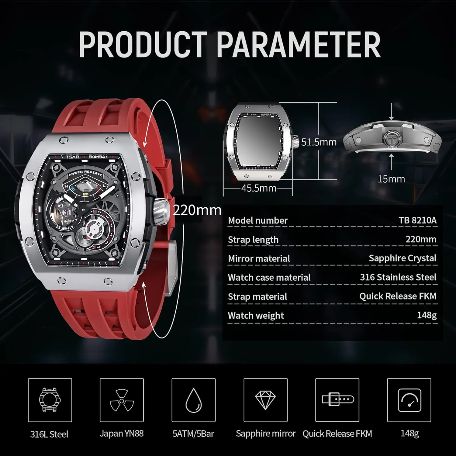 Power Reserve, Unique Gifts for Men Automatic Watches for Men,Mechanical Skeleton ephemeral offer Watch, 50M Waterproof Analog Mens Watches, Luxury Fashion Fluororubber Watch Bands Easy-to-Remove, 