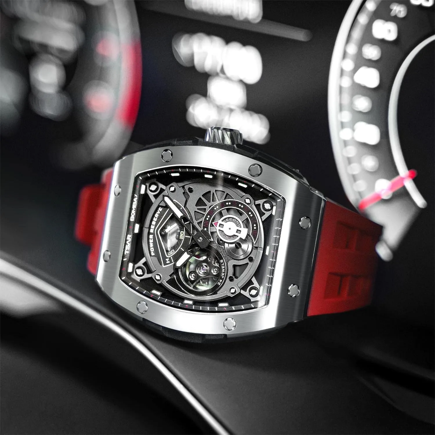 Power Reserve, Unique Gifts for Men Automatic Watches for Men,Mechanical Skeleton ephemeral offer Watch, 50M Waterproof Analog Mens Watches, Luxury Fashion Fluororubber Watch Bands Easy-to-Remove, 