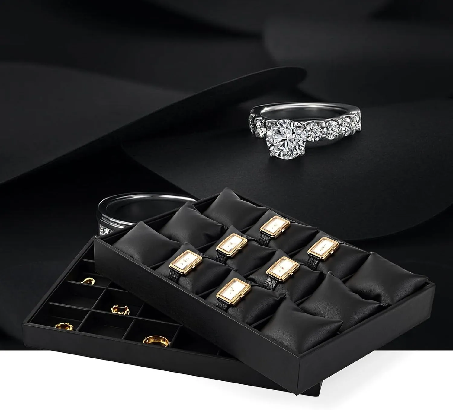Premium Leather 12 Grid Jewelry Insert Watch Tray With symptom Removable Pillow Bracelet Bangle Storage Organizer Tray Oirlv Black 