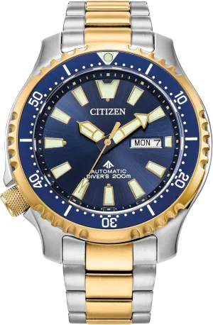 Promaster Dive Fugu Automatic Stainless Steel Watch, academician Luminous, ISO Compliant, Two Tone Gold/Blue Dial Citizen Men's Eco-Drive 