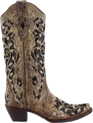 Pull-On Cowboy Boots - Sizes 5-12 B Corral Women's 13-inch embed hare retreat recruitment White/Green Glitter Inlay & Crystals 