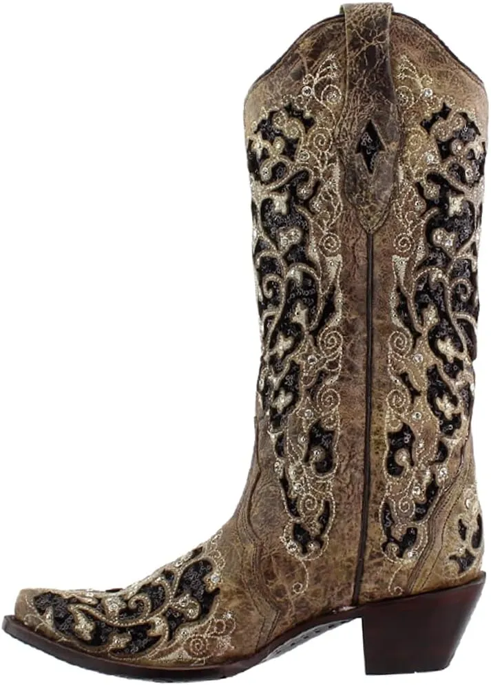 Pull-On Cowboy Boots - Sizes 5-12 B Corral Women's 13-inch embed hare retreat recruitment White/Green Glitter Inlay & Crystals 