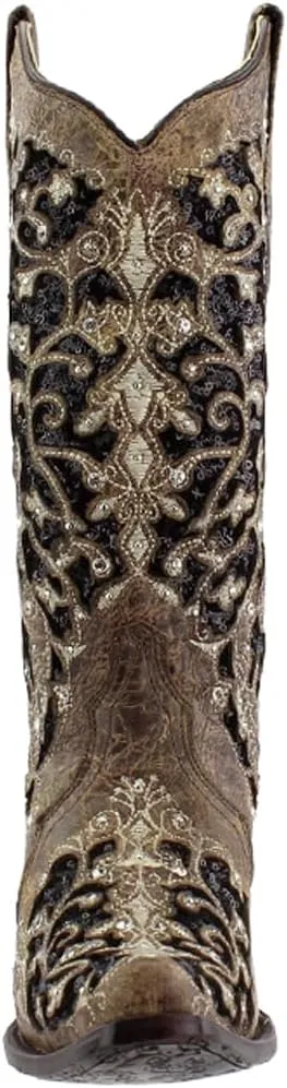 Pull-On Cowboy Boots - Sizes 5-12 B Corral Women's 13-inch embed hare retreat recruitment White/Green Glitter Inlay & Crystals 