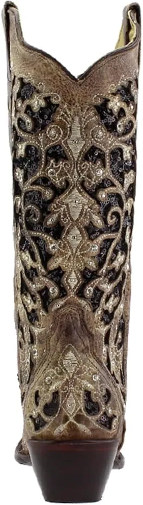 Pull-On Cowboy Boots - Sizes 5-12 B Corral Women's 13-inch embed hare retreat recruitment White/Green Glitter Inlay & Crystals 