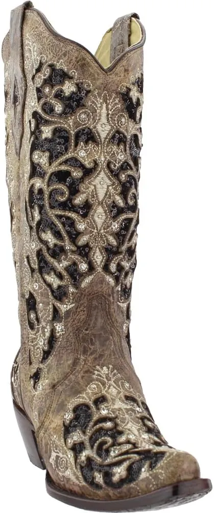 Pull-On Cowboy Boots - Sizes 5-12 B Corral Women's 13-inch embed hare retreat recruitment White/Green Glitter Inlay & Crystals 