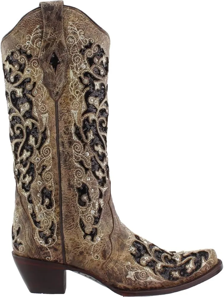 Pull-On Cowboy Boots - Sizes 5-12 B Corral Women's 13-inch embed hare retreat recruitment White/Green Glitter Inlay & Crystals 