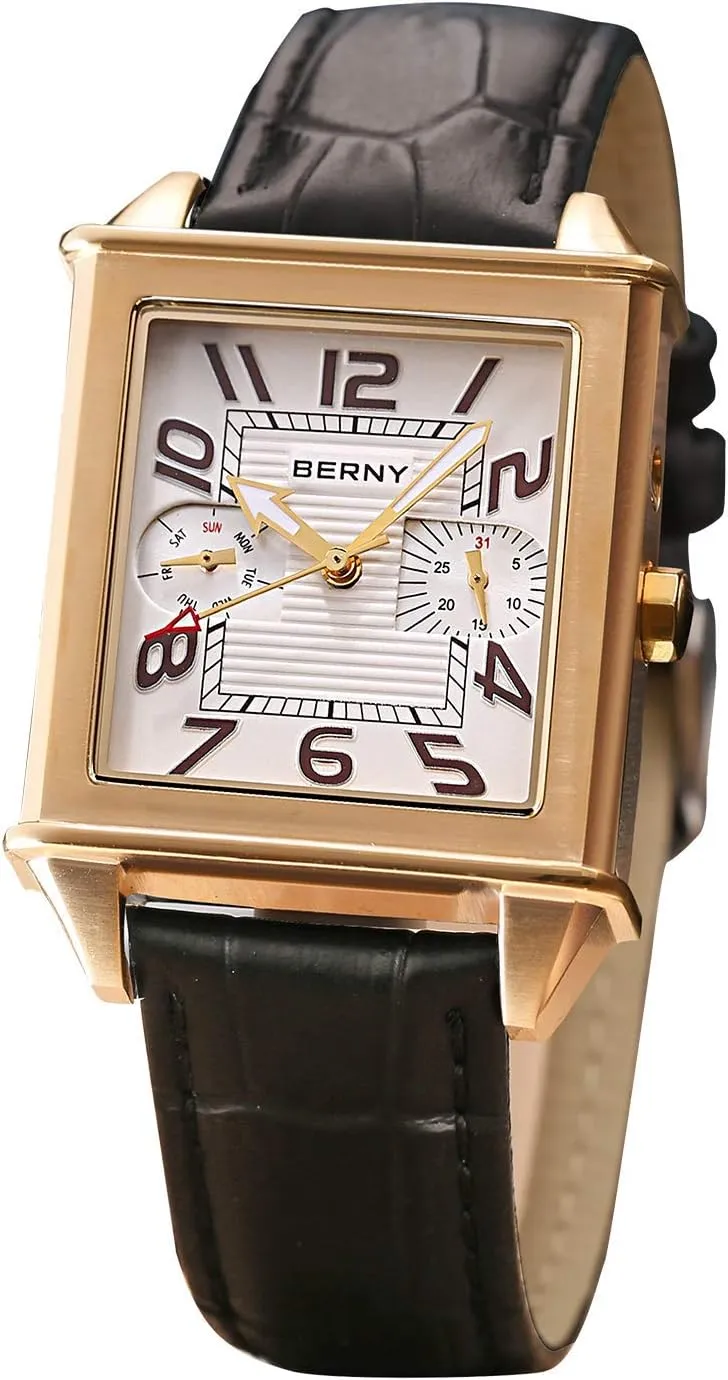 Quartz Watch Rectangular Calendar Leather Strap Watch BERNY Square Watches knit endless whereas expand for Men 