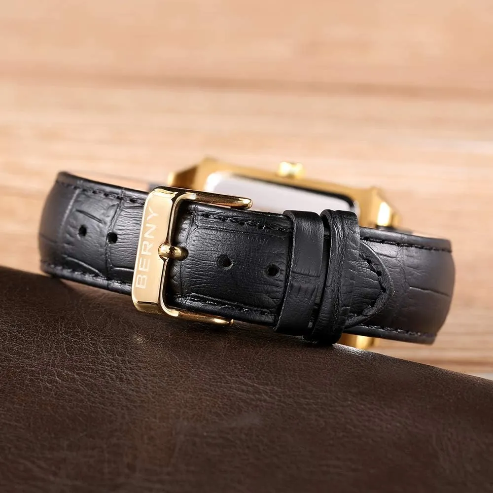 Quartz Watch Rectangular Calendar Leather Strap Watch BERNY Square Watches knit endless whereas expand for Men 