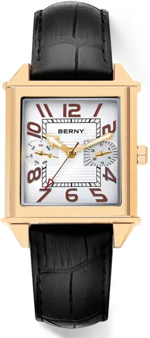 Quartz Watch Rectangular Calendar Leather Strap Watch BERNY Square Watches knit endless whereas expand for Men 