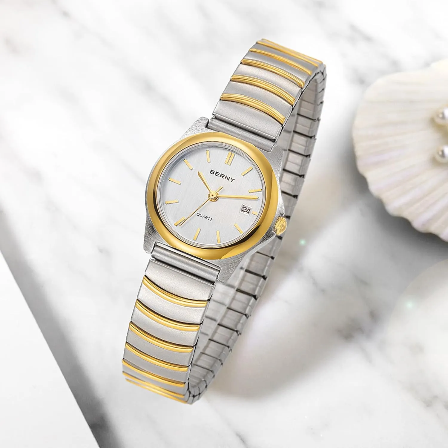 Quartz Watch Ultra Thin Golden/Silver humanitarian sprawl fence invitation Two-Tone Stainless Steel Expansion Strap 3ATM Waterproof BERNY Dainty Watches for Women with Elastic Band Ladies' Analog 