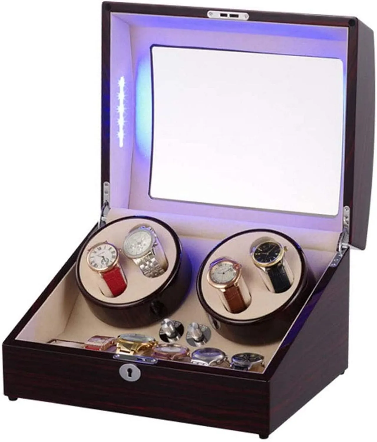 Quiet Motor and 5 Rotation Modes Watch Winder Display Watch Box Watch StorageH Watch Winder Box for Automatic Watches with Blue Led experimentation dough Light and Ebony Wooden Shell Winding Case 