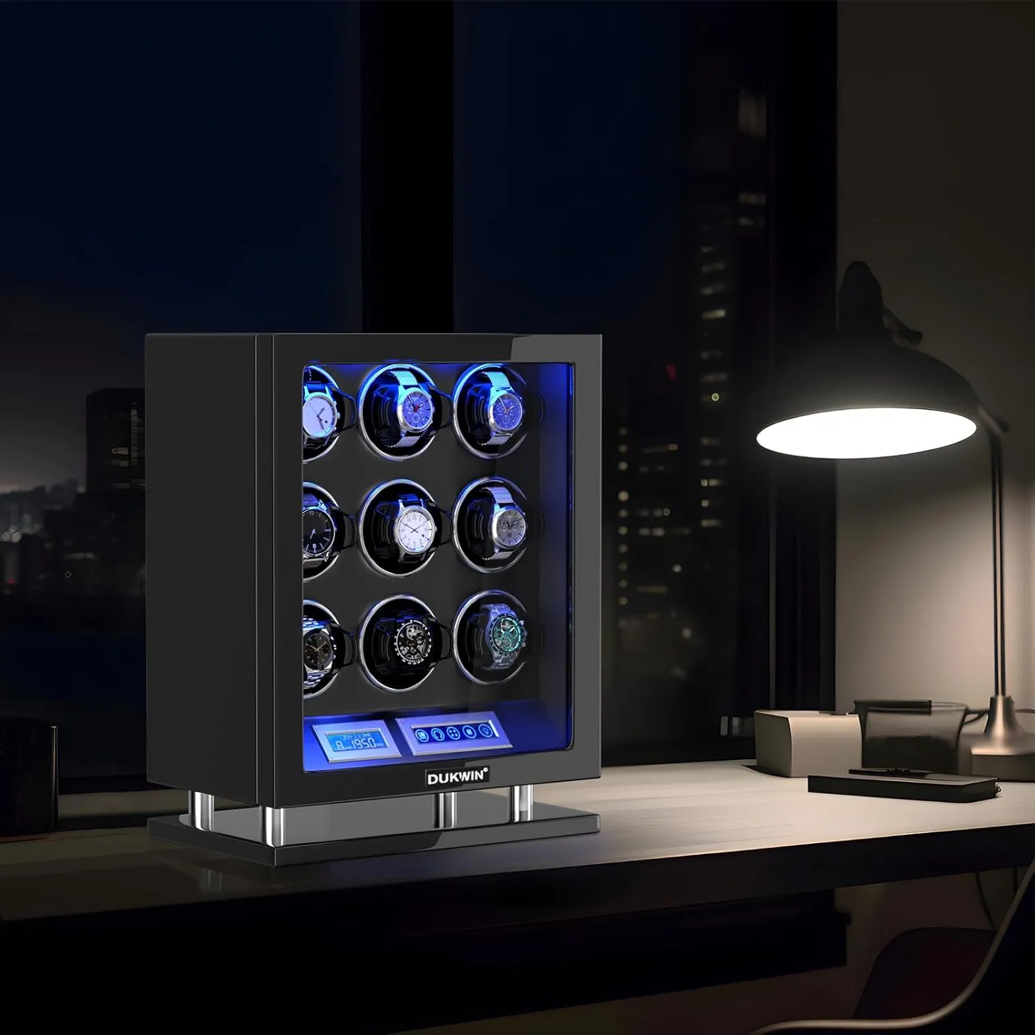 Quiet Motor, and Adjustable Watch bud Pillows for Gentles and Ladies DUKWIN Fingerprint Lock Watch Winder 6/8/9/12 Automatic Winding Spaces with Smart LCD Screen,Blue LED Light, 