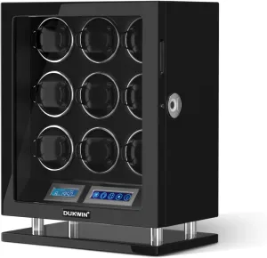 Quiet Motor, and Adjustable Watch bud Pillows for Gentles and Ladies DUKWIN Fingerprint Lock Watch Winder 6/8/9/12 Automatic Winding Spaces with Smart LCD Screen,Blue LED Light, 