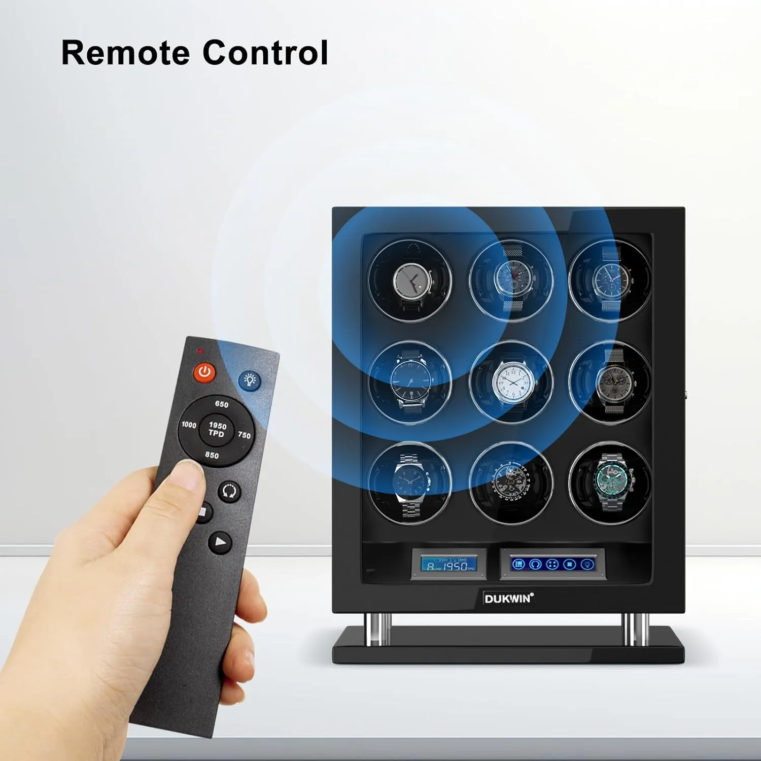 Quiet Motor, and Adjustable Watch bud Pillows for Gentles and Ladies DUKWIN Fingerprint Lock Watch Winder 6/8/9/12 Automatic Winding Spaces with Smart LCD Screen,Blue LED Light, 