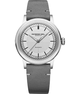 Raymond Weil Millesime Automatic Central Seconds Silver Dial 35mm Watch Grey Leather Strap