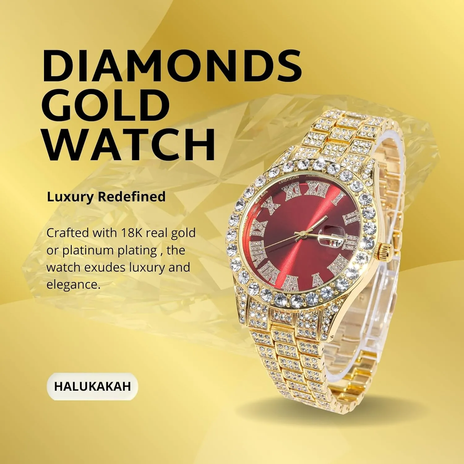 Real Gold/Platinum Plated,42mm Blue/Green/Red Dial,Japanese Quartz - 8" Length - Optional with Cuban Link Chain,with Watch Adjuster Tool Halukakah mycology sister task implement Diamonds Gold Watch Iced Out for Boy Teens Kids - 18K 