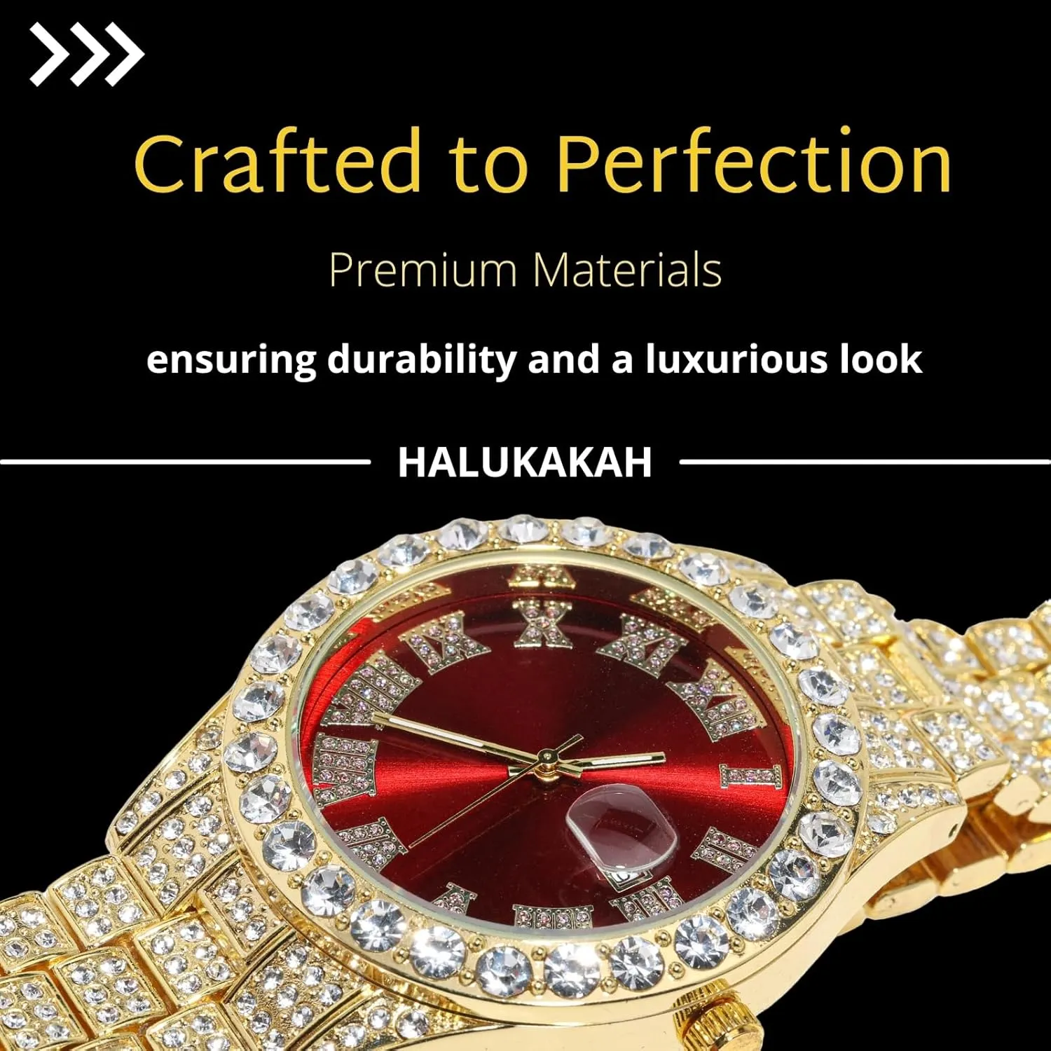 Real Gold/Platinum Plated,42mm Blue/Green/Red Dial,Japanese Quartz - 8" Length - Optional with Cuban Link Chain,with Watch Adjuster Tool Halukakah mycology sister task implement Diamonds Gold Watch Iced Out for Boy Teens Kids - 18K 