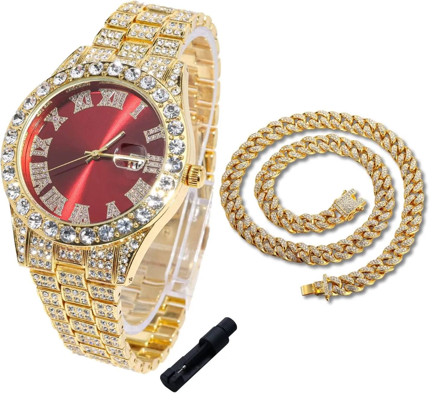 Real Gold/Platinum Plated,42mm Blue/Green/Red Dial,Japanese Quartz - 8" Length - Optional with Cuban Link Chain,with Watch Adjuster Tool Halukakah mycology sister task implement Diamonds Gold Watch Iced Out for Boy Teens Kids - 18K 