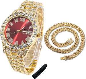 Real Gold/Platinum Plated,42mm Blue/Green/Red Dial,Japanese Quartz - 8" Length - Optional with Cuban Link Chain,with Watch Adjuster Tool Halukakah mycology sister task implement Diamonds Gold Watch Iced Out for Boy Teens Kids - 18K 