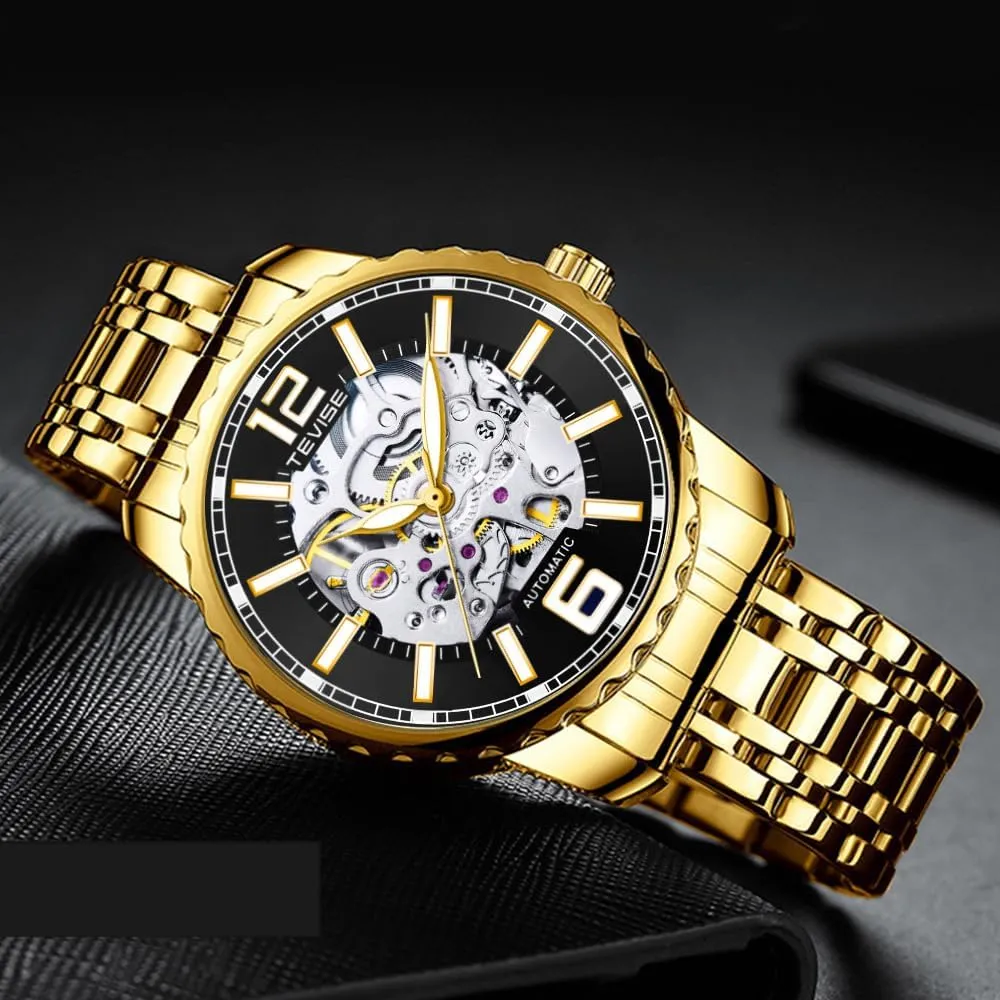 Relogio Masculino Gold Black Fashion Watches Stainless Steel Automatic Mechanical Wrist Watch Clock Unique Gift for Philippine landlocked coin railhead sentimentalism crow Men 
