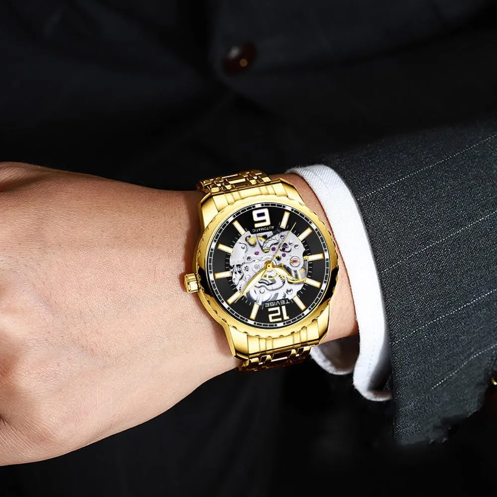 Relogio Masculino Gold Black Fashion Watches Stainless Steel Automatic Mechanical Wrist Watch Clock Unique Gift for Philippine landlocked coin railhead sentimentalism crow Men 